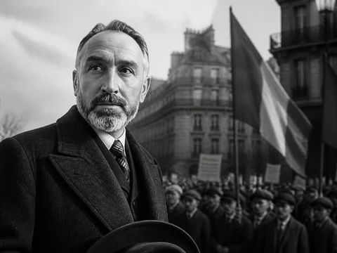 Portrait historique en noir et blanc représentant Marx Dormoy au milieu d'une foule lors d'une manifestation