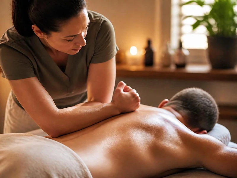Une masseuse utilise ses coudes pour réaliser un massage deep tissu sur le dos d'un homme allongé