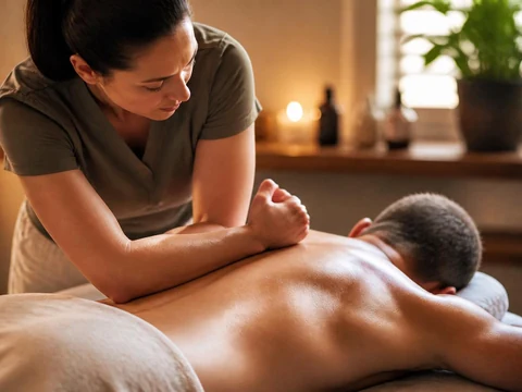 Une masseuse utilise ses coudes pour réaliser un massage deep tissu sur le dos d'un homme allongé