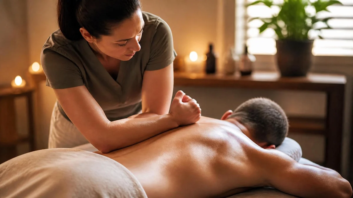 Une masseuse utilise ses coudes pour réaliser un massage deep tissu sur le dos d'un homme allongé