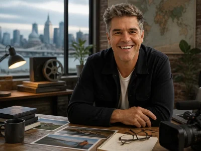 Portrait souriant de Mathieu Roy dans son bureau avec une vue urbaine en arrière-plan