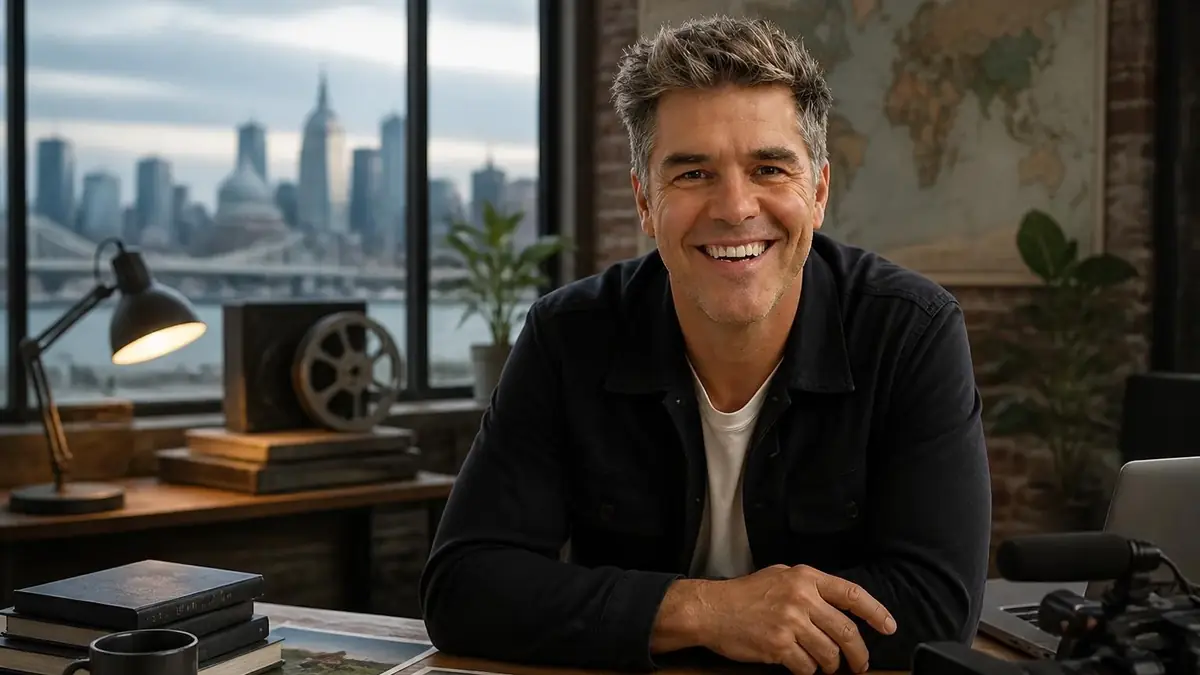 Portrait souriant de Mathieu Roy dans son bureau avec une vue urbaine en arrière-plan