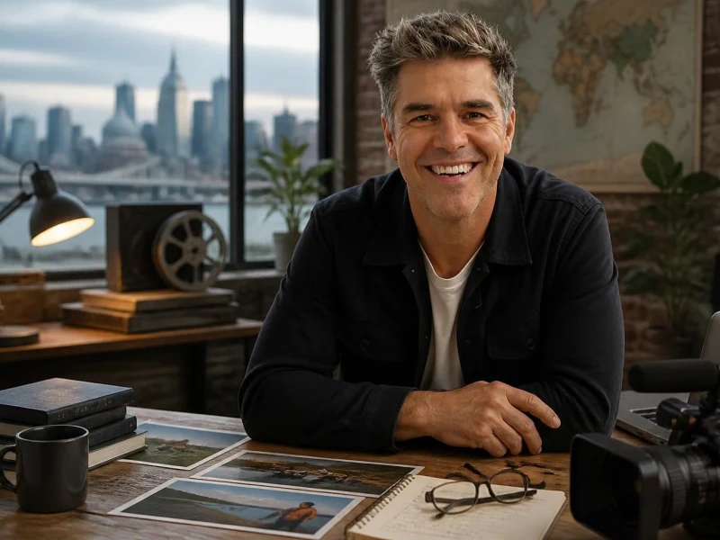 Portrait souriant de Mathieu Roy dans son bureau avec une vue urbaine en arrière-plan