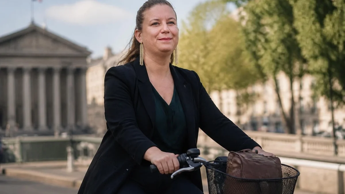 Mathilde Panot vie privée se reflète dans cette image où elle se déplace à vélo dans un cadre urbain décontracté