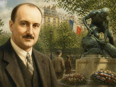 Portrait de Maurice Gardette superposé à une vue d'un parc parisien avec une statue et le drapeau français