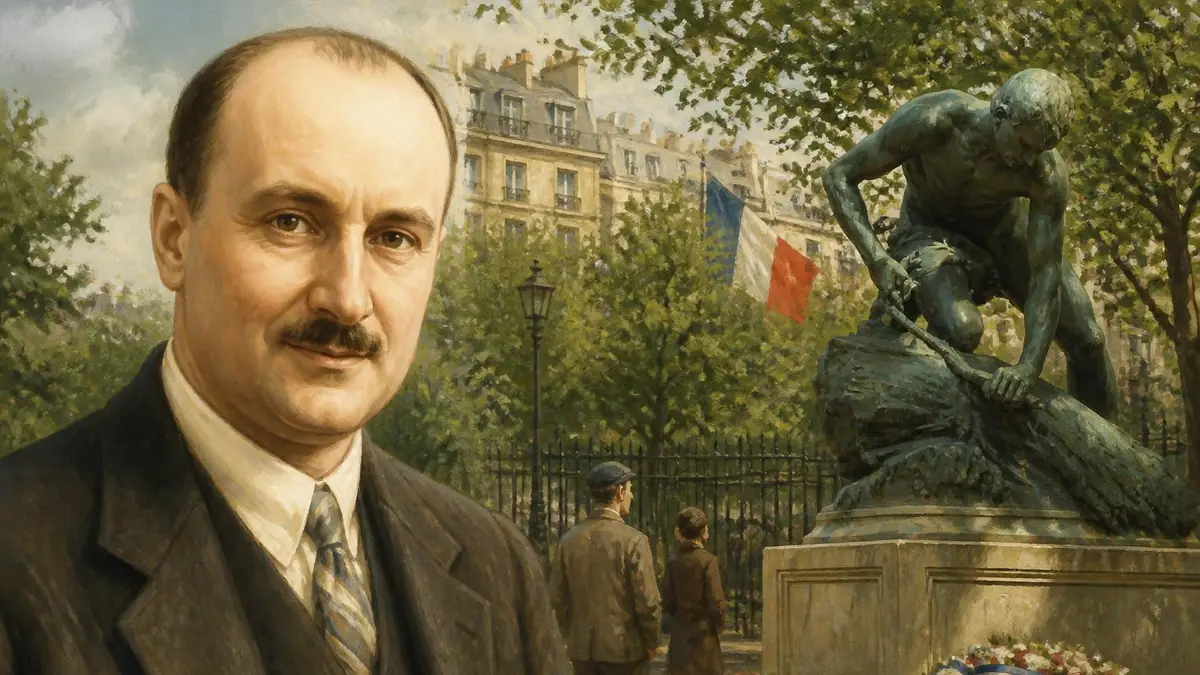 Portrait de Maurice Gardette superposé à une vue d'un parc parisien avec une statue et le drapeau français
