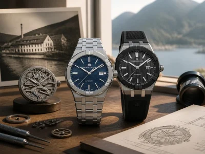 Deux montres Maurice Lacroix posées sur une table devant une fenêtre avec des éléments d'horlogerie en arrière-plan