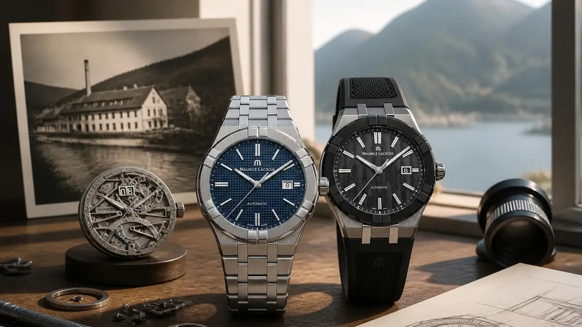 Deux montres Maurice Lacroix posées sur une table devant une fenêtre avec des éléments d'horlogerie en arrière-plan