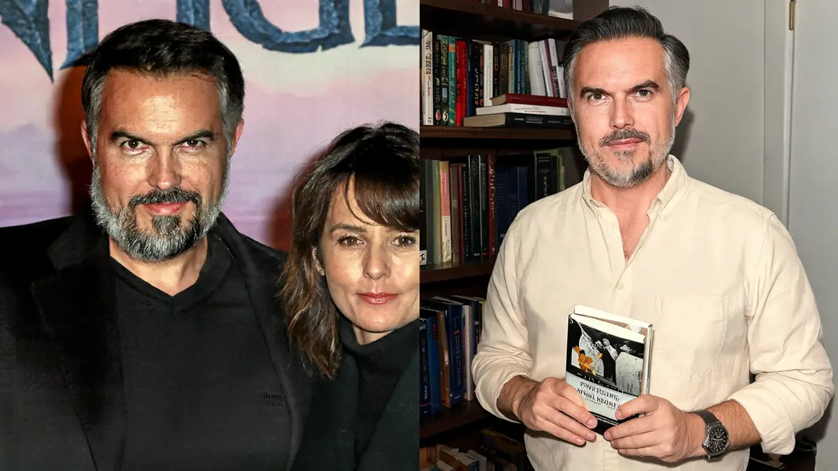 Montage photo montrant Maxime Chattam Faustine Bollaert ensemble puis l'écrivain seul devant une bibliothèque