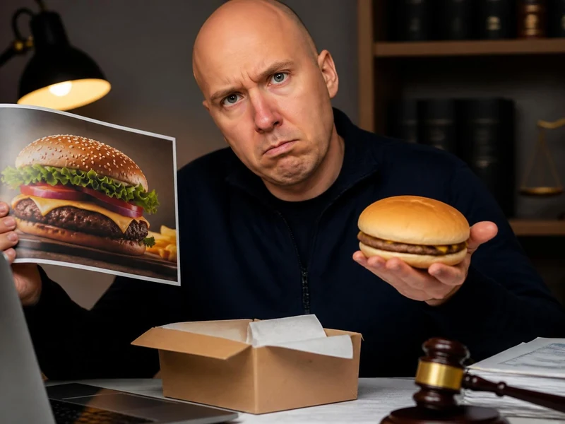 Homme déçu comparant une photo publicitaire à un vrai hamburger, illustration de photographie non contractuelle