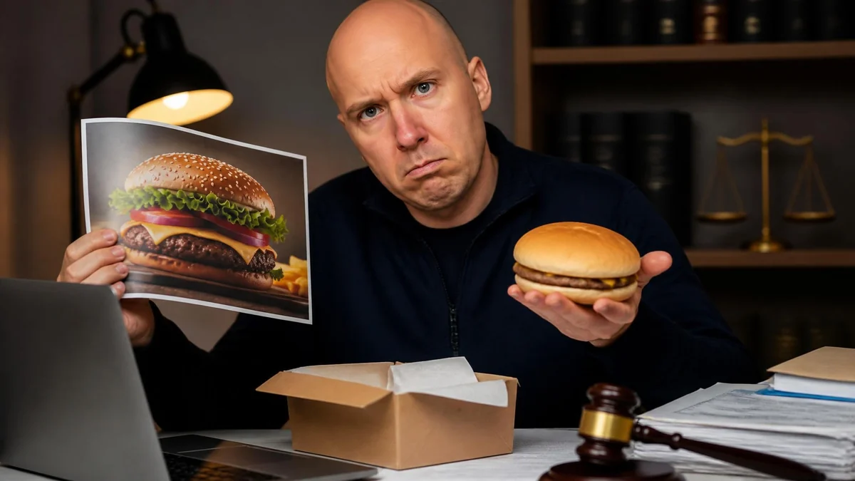 Homme déçu comparant une photo publicitaire à un vrai hamburger, illustration de photographie non contractuelle