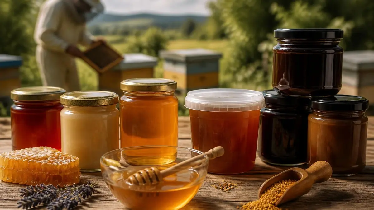 Des pots de miel variés sur une table en bois avec un apiculteur en arrière-plan pour illustrer le miel prix kilo
