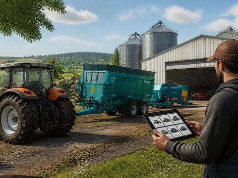 Un agriculteur utilise une tablette pour choisir de nouveaux équipements via des mods FS25 sur sa ferme