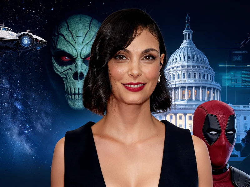 Portrait de l'actrice Morena Baccarin devant un montage illustrant ses rôles marquants au cinéma et à la télévision