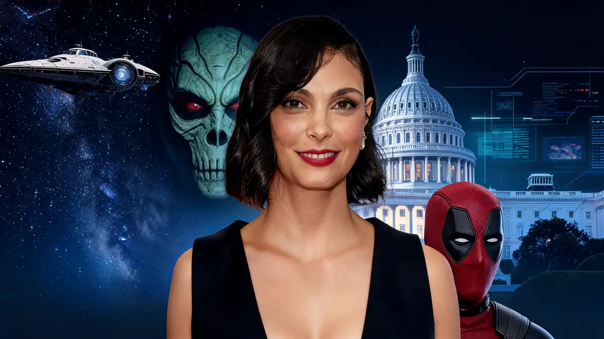 Portrait de l'actrice Morena Baccarin devant un montage illustrant ses rôles marquants au cinéma et à la télévision