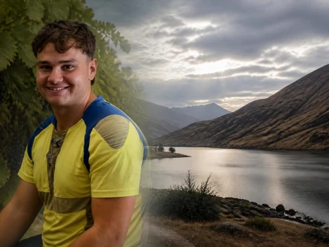 Portrait souriant d'antoine Richard Nouvelle-Zélande avec en arrière-plan un paysage naturel montagneux