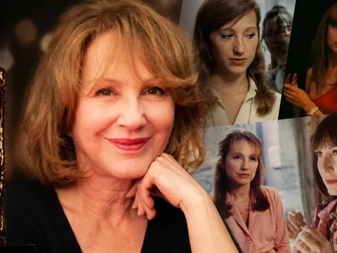 Portrait de l'actrice Nathalie Baye entourée d'images issues des films Nathalie Baye et d'un trophée des César