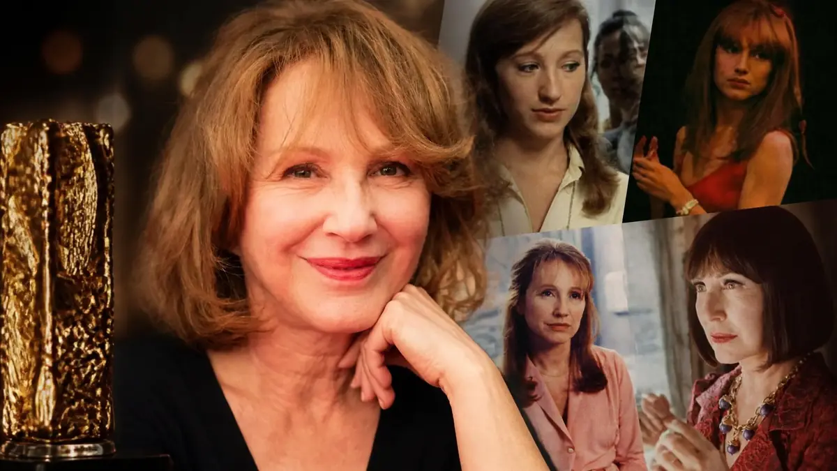 Portrait de l'actrice Nathalie Baye entourée d'images issues des films Nathalie Baye et d'un trophée des César