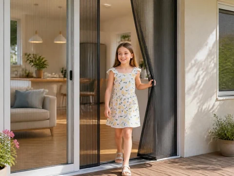 Une petite fille franchit une moustiquaire porte-fenêtre plissée pour sortir sur une terrasse ensoleillée