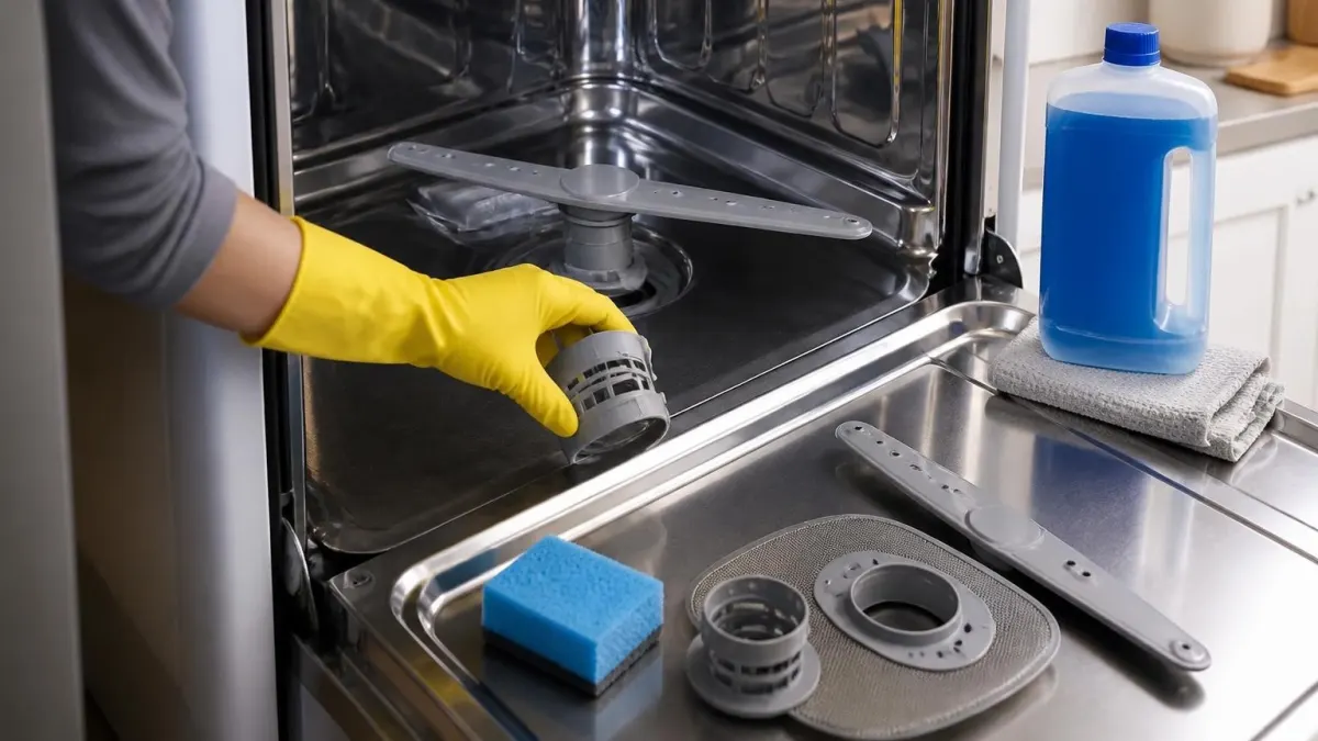 Une personne avec des gants jaunes retire le filtre pour le nettoyage lave-vaisselle