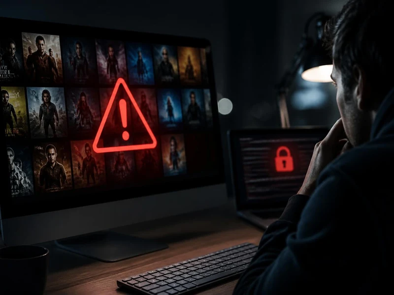 Un utilisateur devant un écran d'ordinateur affichant un avertissement de sécurité sur le site Nightflix streaming