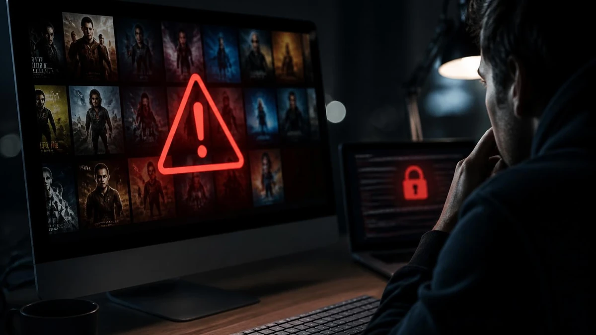 Un utilisateur devant un écran d'ordinateur affichant un avertissement de sécurité sur le site Nightflix streaming