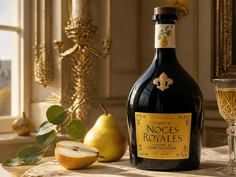 Bouteille de liqueur noce royale posée sur une table près de poires fraîches et d'un verre dans un décor de château