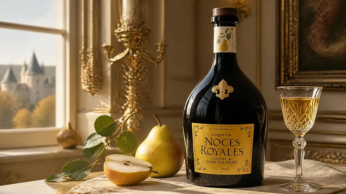Bouteille de liqueur noce royale posée sur une table près de poires fraîches et d'un verre dans un décor de château