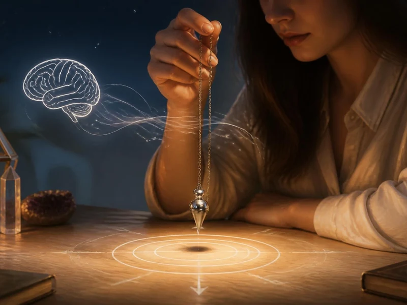 Une femme concentrée utilise un oui ou non pendule au-dessus d'une table avec des symboles lumineux