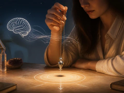 Une femme concentrée utilise un oui ou non pendule au-dessus d'une table avec des symboles lumineux