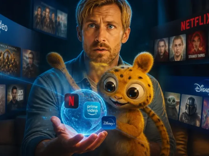 Un homme et une créature imaginaire utilisent Paflop pour chercher des films sur différentes plateformes de streaming