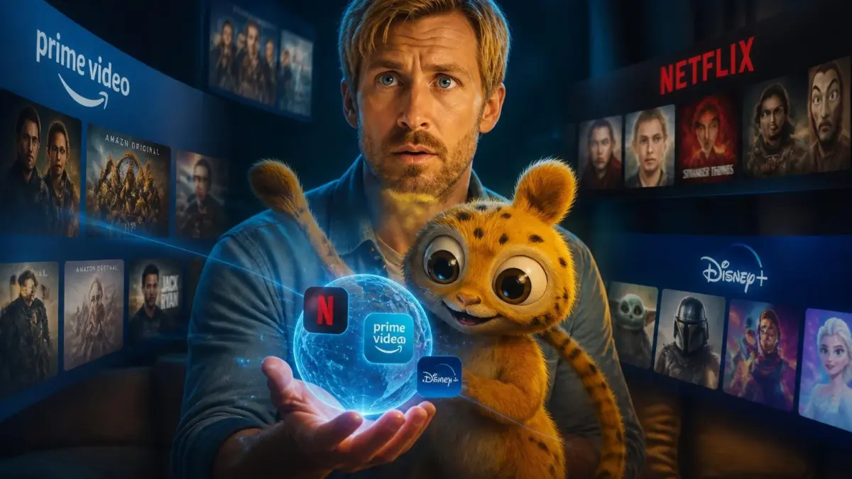 Un homme et une créature imaginaire utilisent Paflop pour chercher des films sur différentes plateformes de streaming
