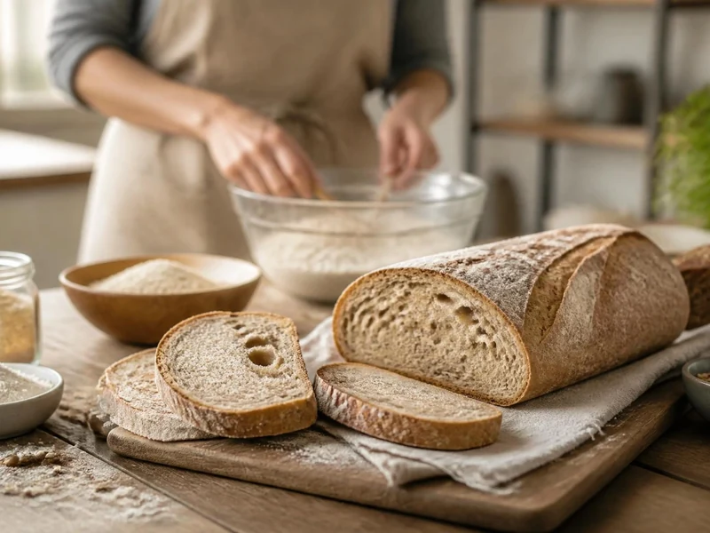 Une personne prépare des pains sans gluten sur une table en bois entourée de farine et d'ingrédients