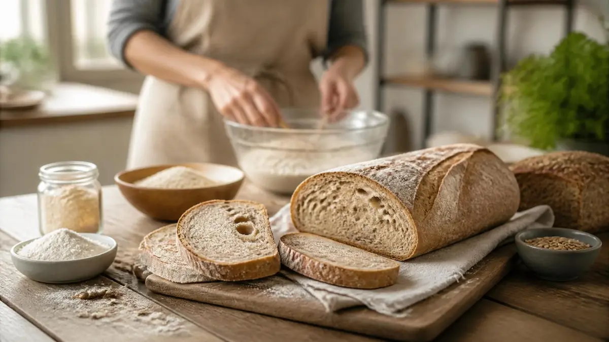Une personne prépare des pains sans gluten sur une table en bois entourée de farine et d'ingrédients
