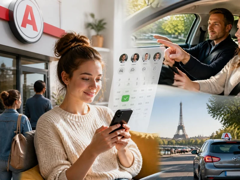 Une jeune femme consulte son smartphone pour gérer ses horaires auto-école avant sa leçon de conduite