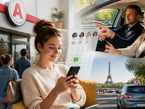 Une jeune femme consulte son smartphone pour gérer ses horaires auto-école avant sa leçon de conduite