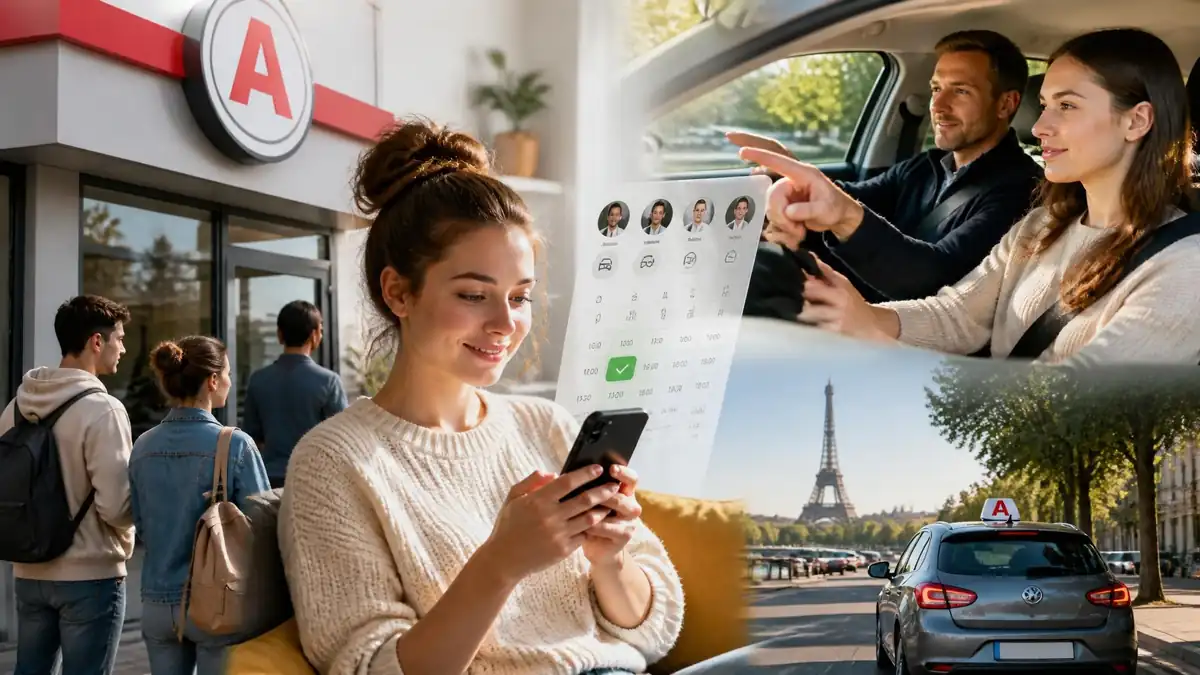 Une jeune femme consulte son smartphone pour gérer ses horaires auto-école avant sa leçon de conduite