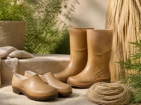 Paire de bottes et de sabots beiges en chanvre de la marque Plasticana posés sur une pierre dans un jardin