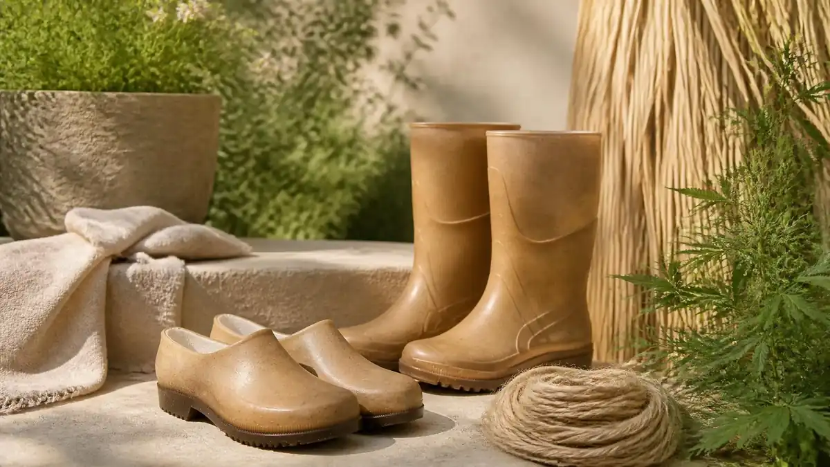 Paire de bottes et de sabots beiges en chanvre de la marque Plasticana posés sur une pierre dans un jardin