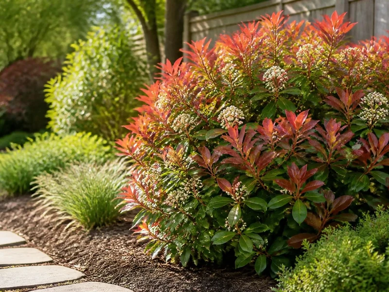 Magnifique arbuste aux feuilles rouges et aux fleurs blanches de photinias Red Robin dans un jardin paysager