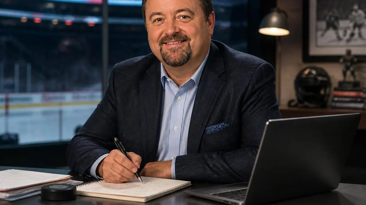 Portrait de l'analyste hockey Pierre Lebrun souriant au travail devant son ordinateur