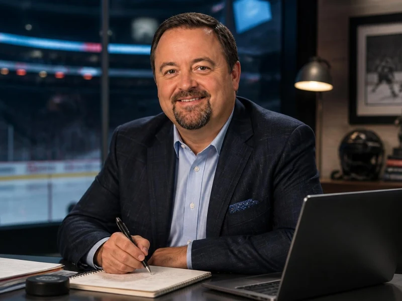 Portrait de l'analyste hockey Pierre Lebrun souriant au travail devant son ordinateur
