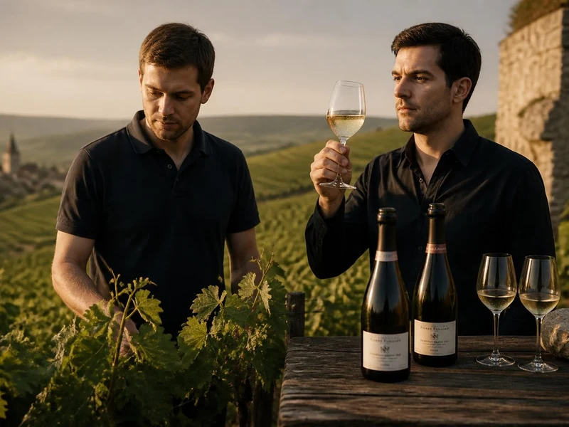 Deux hommes dégustent du vin dans le vignoble familial Pierre Paillard au coucher du soleil