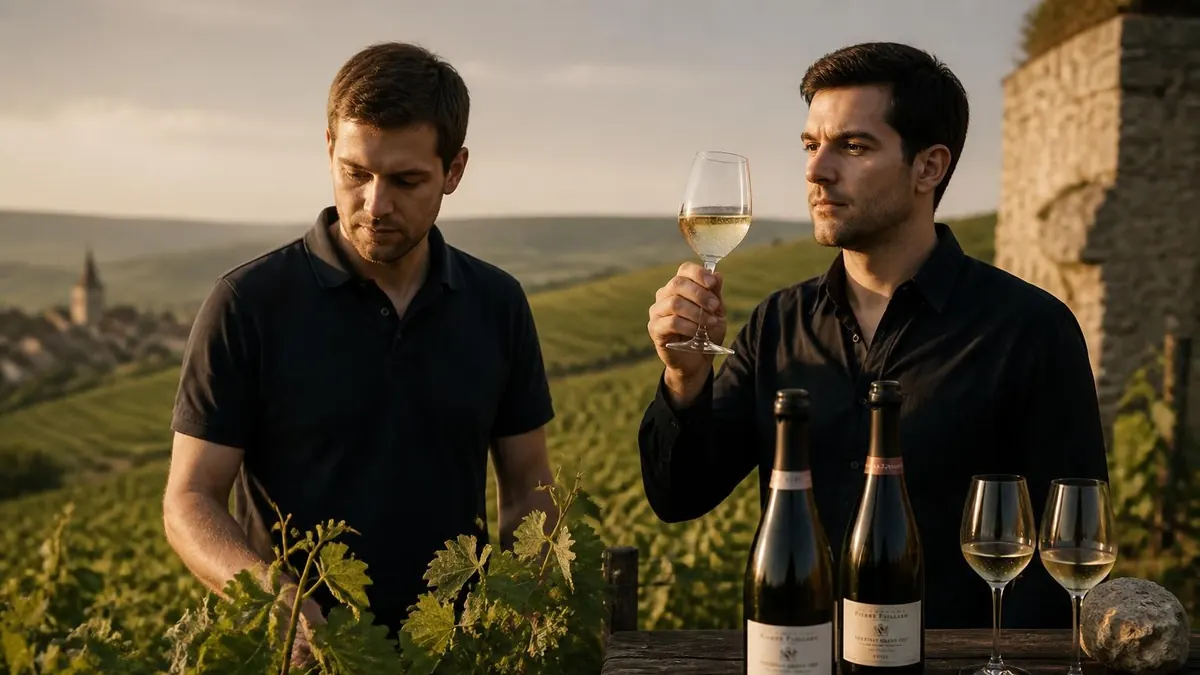 Deux hommes dégustent du vin dans le vignoble familial Pierre Paillard au coucher du soleil