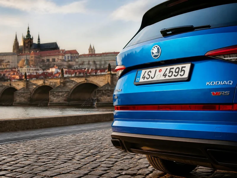 Arrière d'une voiture bleue stationnée à Prague, arborant des plaques immatriculation CZ devant le pont Charles