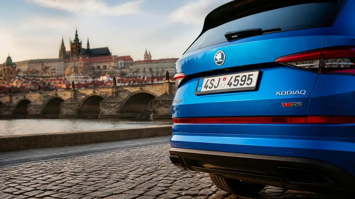 Arrière d'une voiture bleue stationnée à Prague, arborant des plaques immatriculation CZ devant le pont Charles