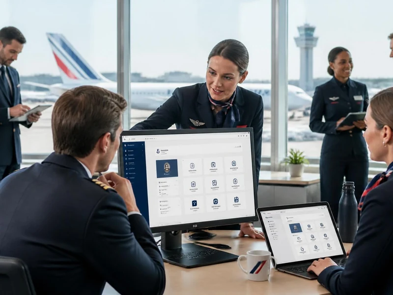 Personnel navigant consultant le portail intralignes sur des ordinateurs dans un bureau d'aéroport