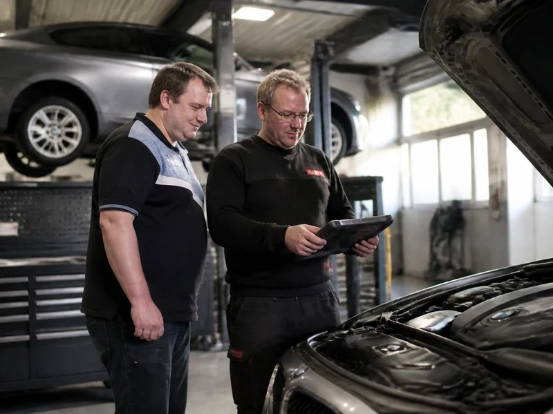 Un spécialiste BMW utilise une tablette numérique pour diagnostiquer le moteur d'une voiture dans un atelier automobile