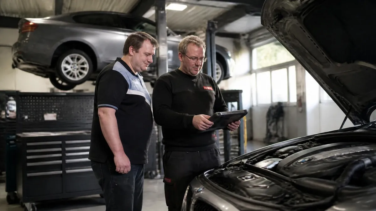 Un spécialiste BMW utilise une tablette numérique pour diagnostiquer le moteur d'une voiture dans un atelier automobile