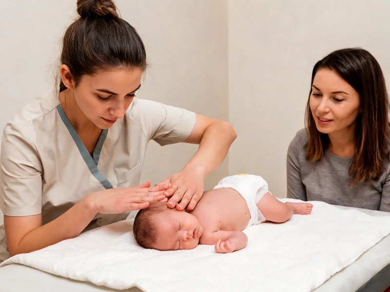 Une praticienne en ostéopathe pour nourrissons manipule doucement la tête d'un bébé sous le regard attentif de sa mère